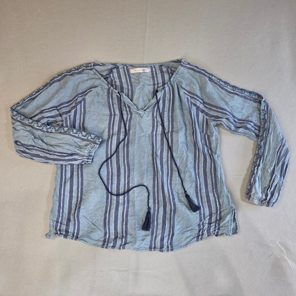 Billy T Coastal Boho Striped Linen Blend Blouse Size L Embroidered Blue Tassel